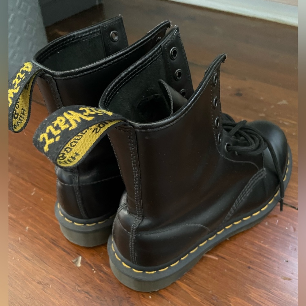 Dr. Martens Black Leather Combat Boots with Yellow Stitching - Picture 10 of 15